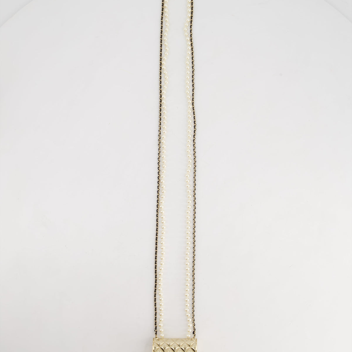 *RARE* Top Quality Chanel 21S Champagne Gold Bag Charm Necklace with White Pearls & Black Leather Chain Detail