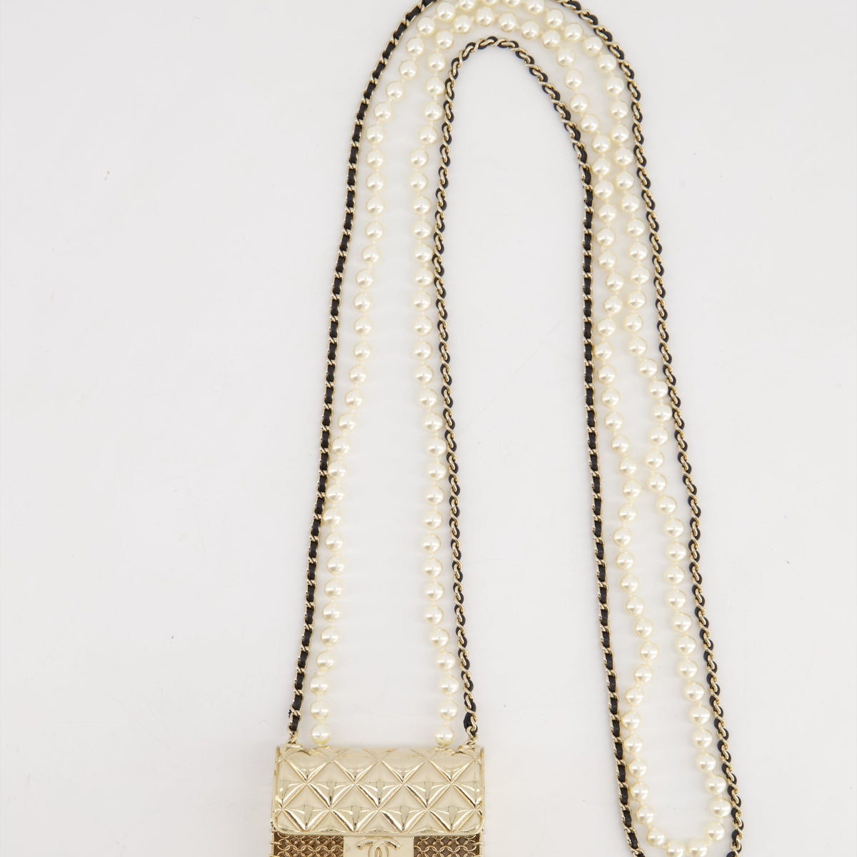*RARE* Top Quality Chanel 21S Champagne Gold Bag Charm Necklace with White Pearls & Black Leather Chain Detail