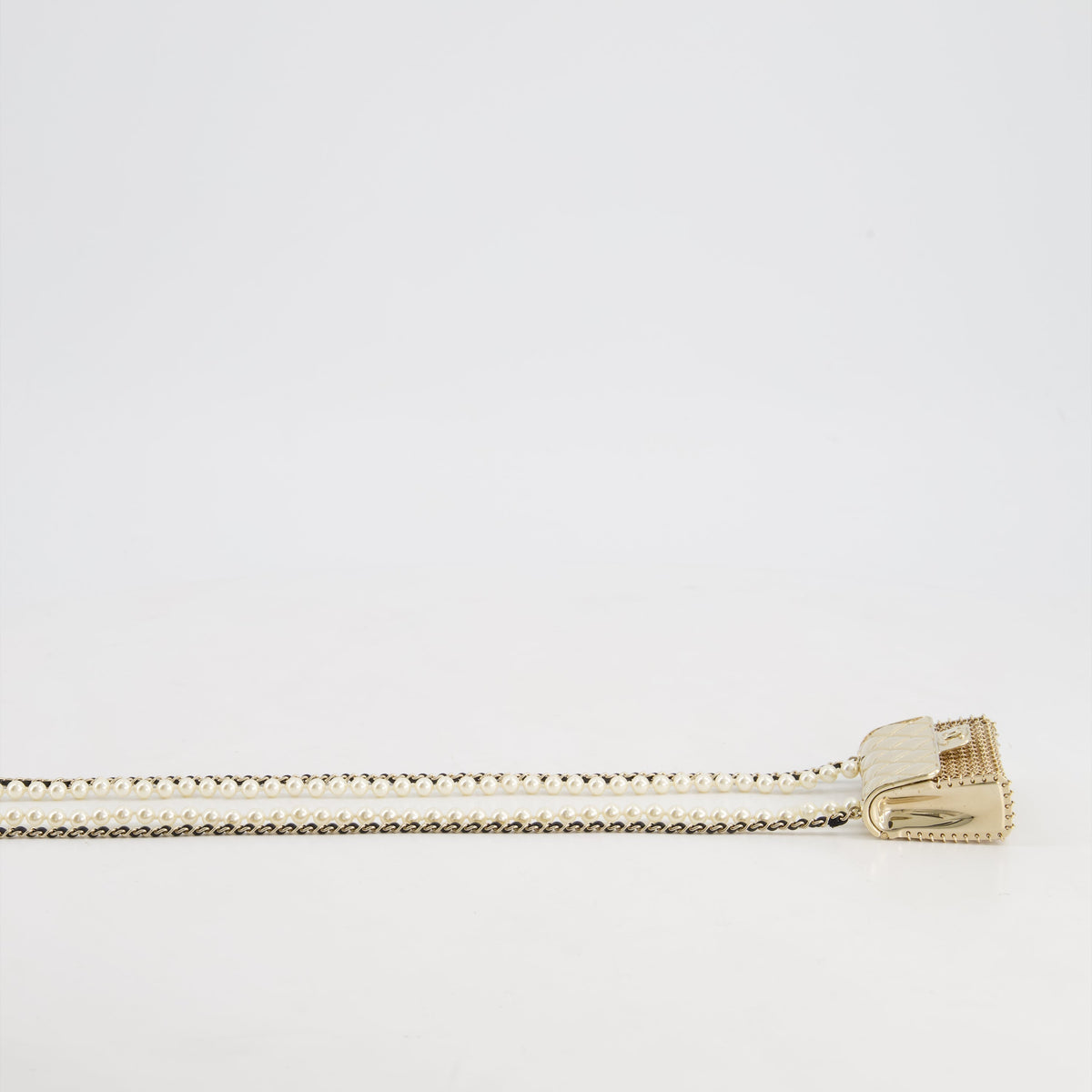 *RARE* Top Quality Chanel 21S Champagne Gold Bag Charm Necklace with White Pearls & Black Leather Chain Detail