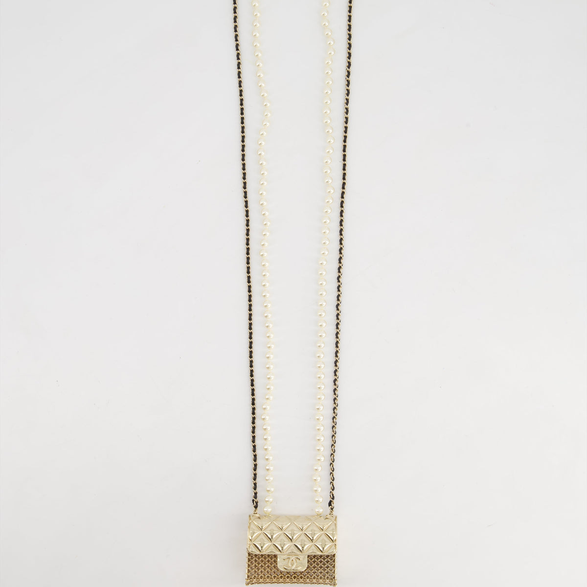 *RARE* Top Quality Chanel 21S Champagne Gold Bag Charm Necklace with White Pearls & Black Leather Chain Detail