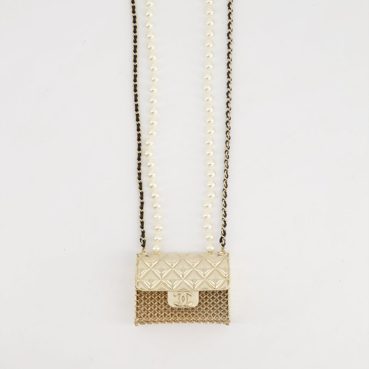 *RARE* Top Quality Chanel 21S Champagne Gold Bag Charm Necklace with White Pearls & Black Leather Chain Detail
