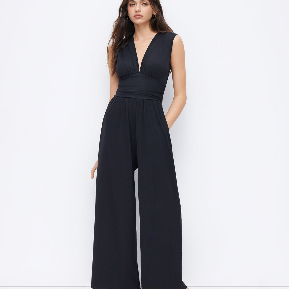 Eleanor | V-neck Ruched Solid Wide Leg Jumpsuit