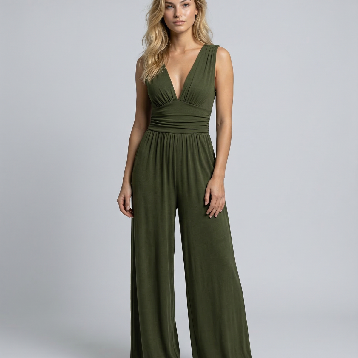 Eleanor | V-neck Ruched Solid Wide Leg Jumpsuit