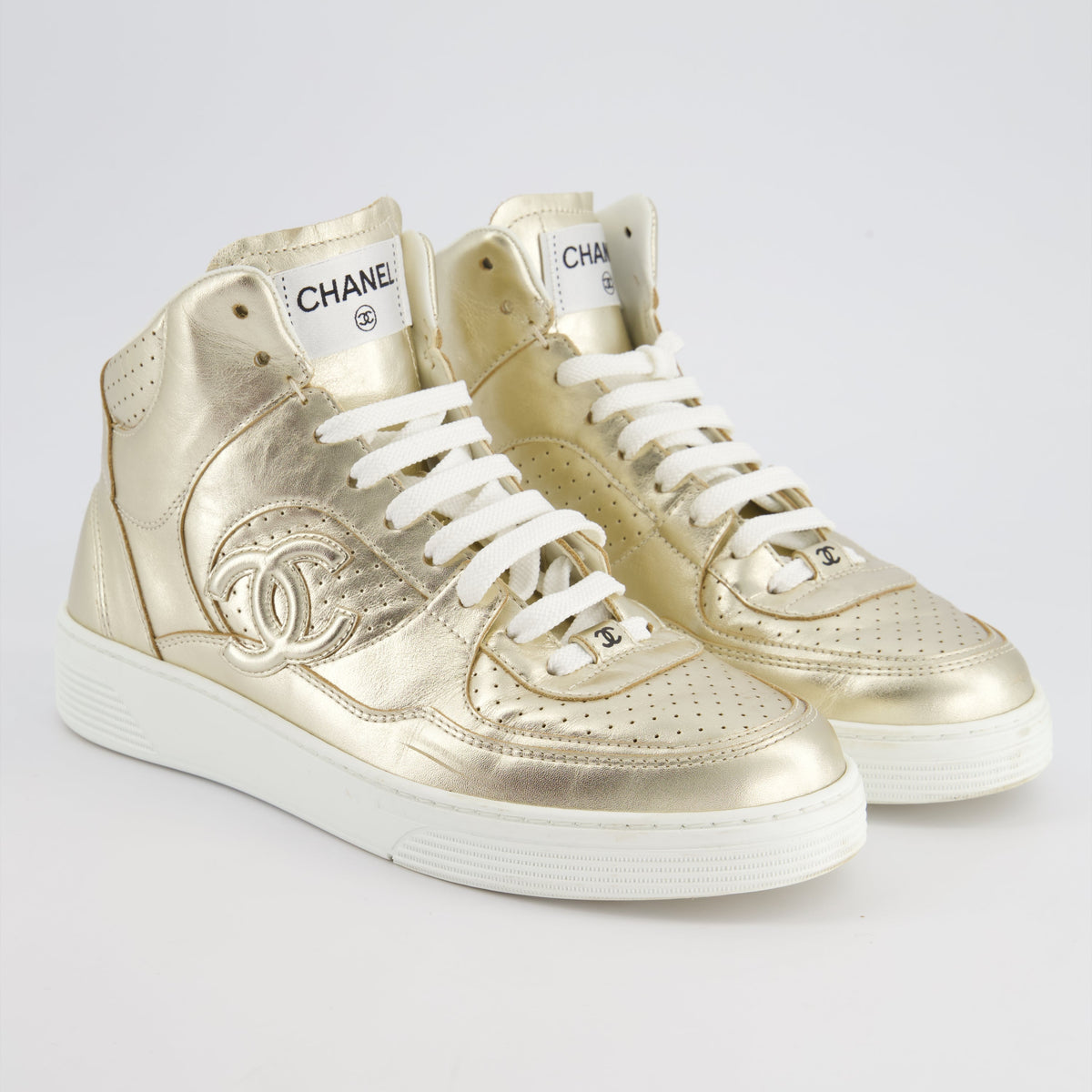 Chanel 24C Metallic Gold High Sneakers in Calfskin Leather with Logo Detail Size EU 39