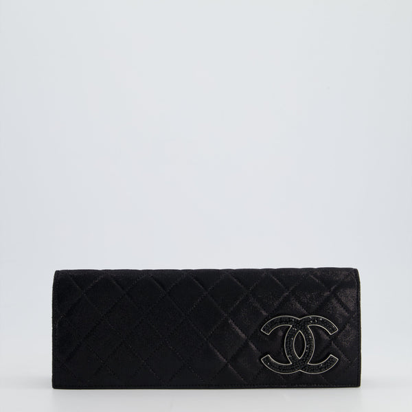 *HOT* Chanel Black Shiny Quilted Long Clutch in Coated Calfskin with Silver Hardware and Crystal CC Detail