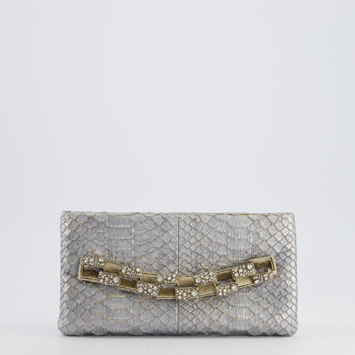 *RARE* Chanel Metallic Silver Paris Bombay Clutch in Python Leather and Antique Gold Hardware with Embellished Crystals