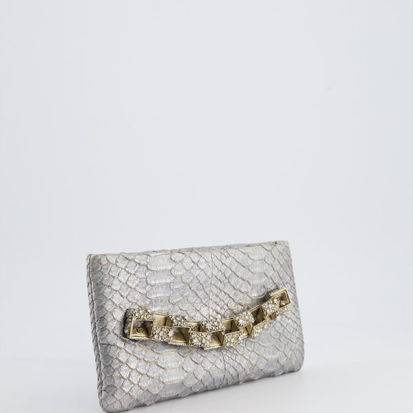 *RARE* Chanel Metallic Silver Paris Bombay Clutch in Python Leather and Antique Gold Hardware with Embellished Crystals