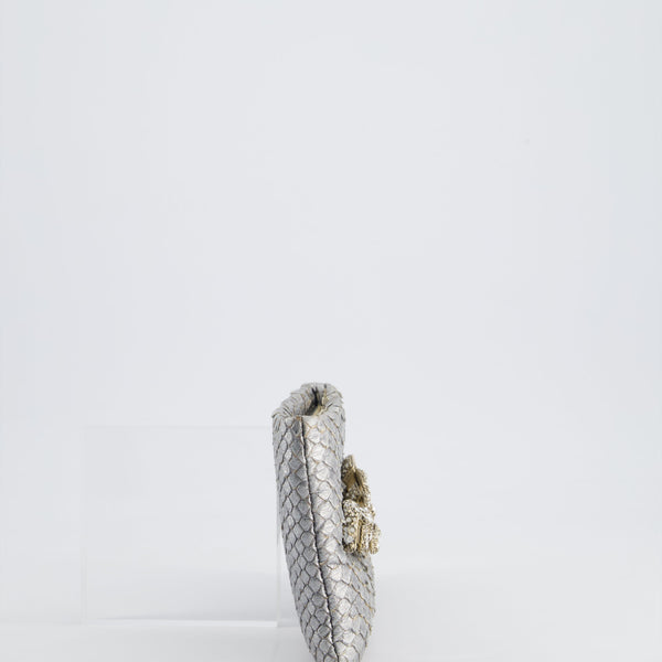 *RARE* Chanel Metallic Silver Paris Bombay Clutch in Python Leather and Antique Gold Hardware with Embellished Crystals