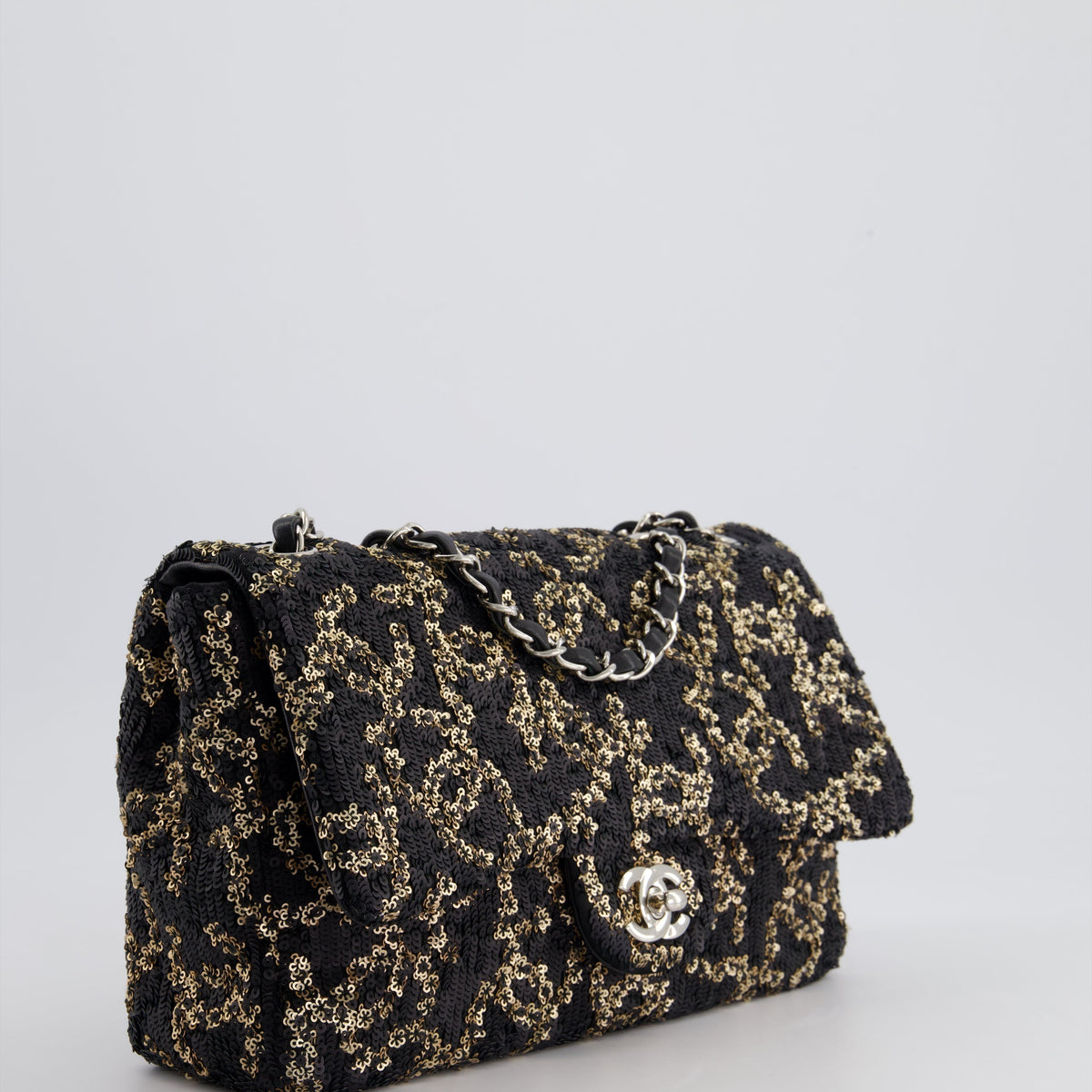 Chanel Black, Gold Sequin CC Logo Medium Flap Bag with Silver Hardware