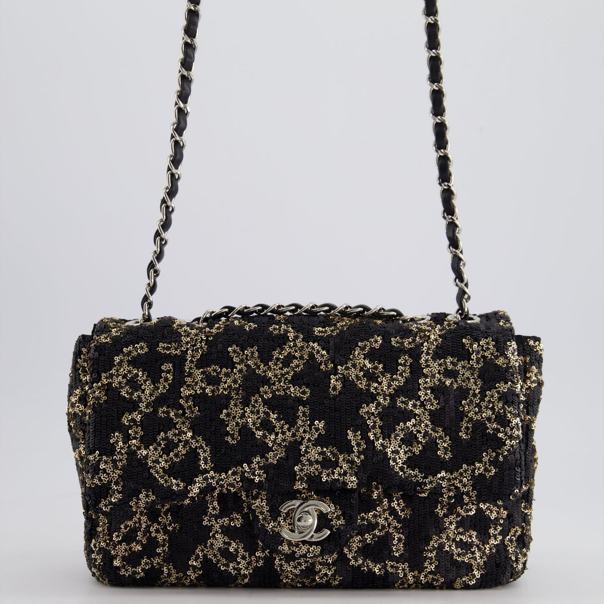 Chanel Black, Gold Sequin CC Logo Medium Flap Bag with Silver Hardware