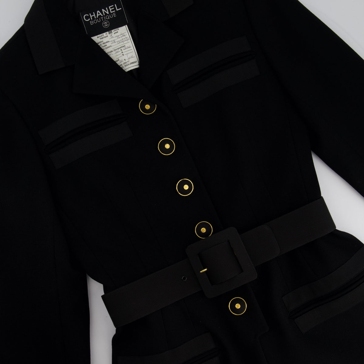 Chanel Black Wool Blazer Jacket and Pleated Mini Skirt Set With Belt and CC Logo Detail Buttons Size FR 38 (UK 10)