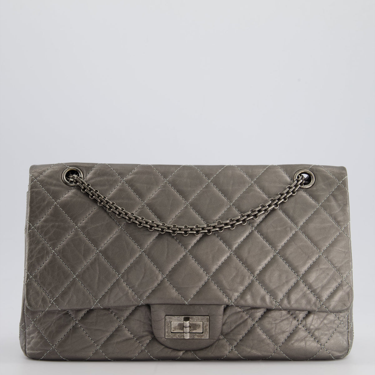 Chanel 2.55 Jumbo Reissue Bag in Metallic Grey Crumpled Calfskin Leather With Gunmetal Hardware