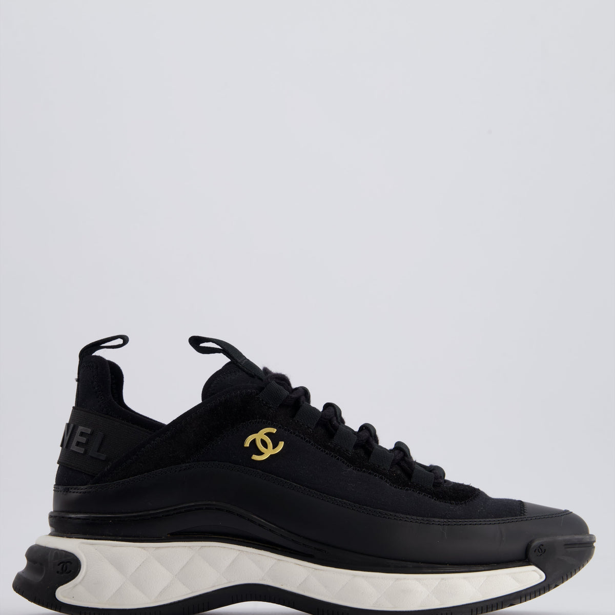 Chanel Black Fabric and Leather Trainers with White Soles and Gold CC Logo Size EU 38.5