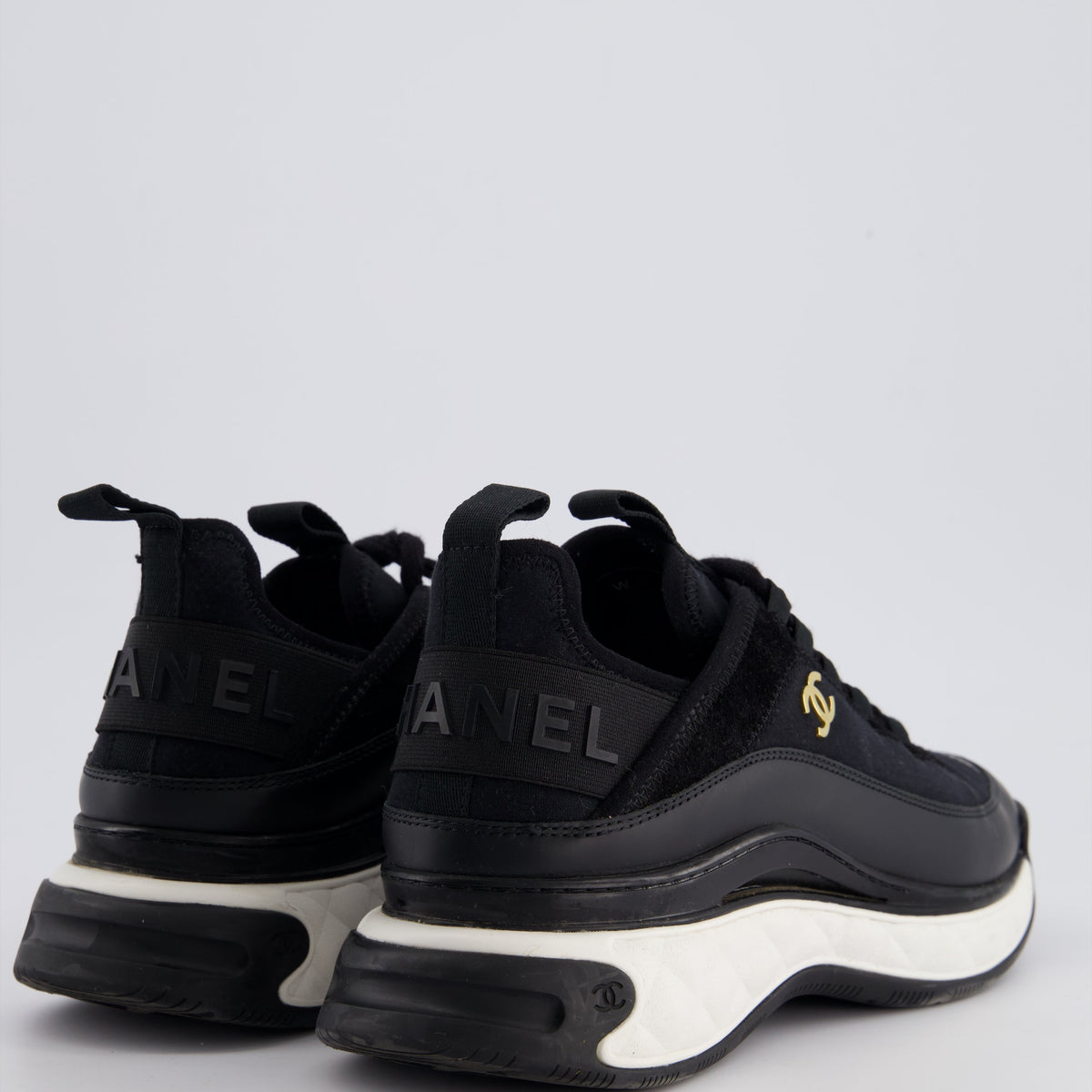 Chanel Black Fabric and Leather Trainers with White Soles and Gold CC Logo Size EU 38.5