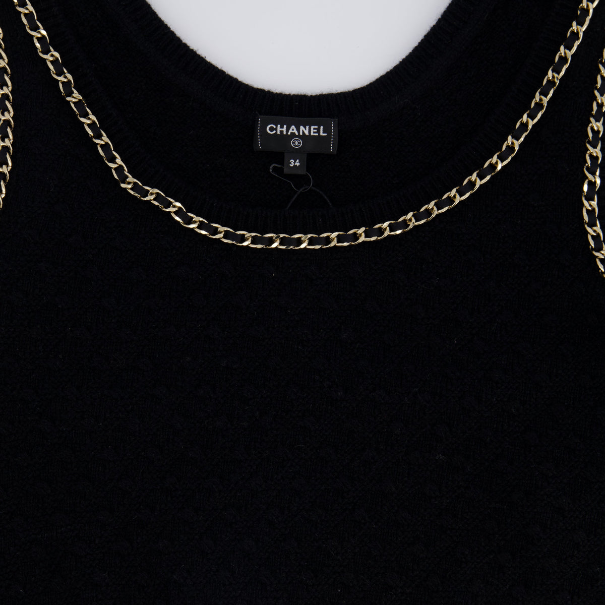 Chanel 23B Black Cashmere Knit Tank Top with Gold Chain and Logo Detail Size FR 34 (UK 6) RRP ¬£2150