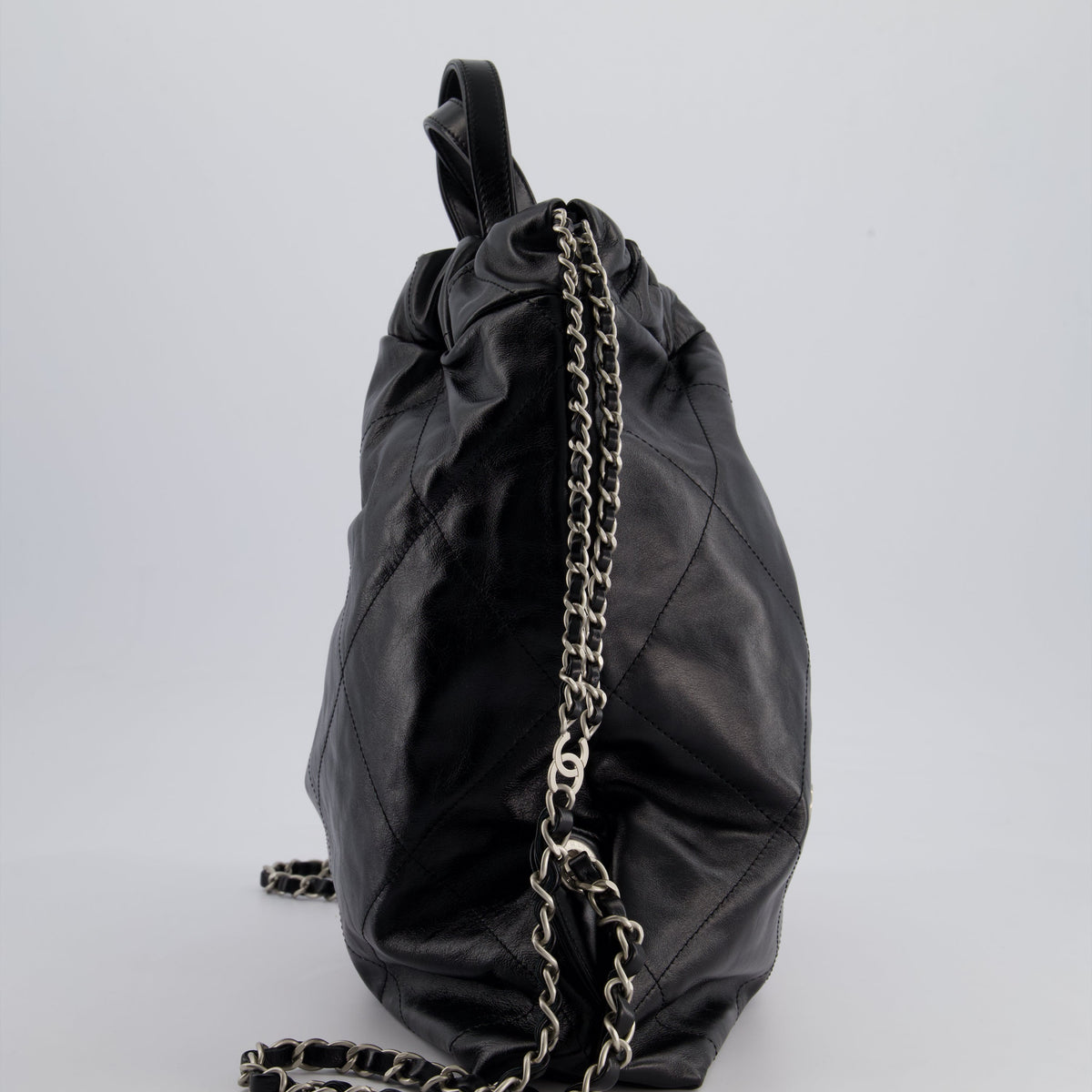 *FIRE PRICE* Chanel 22 Small Backpack Bag in Black Shiny Calfskin with Brushed Silver Hardware