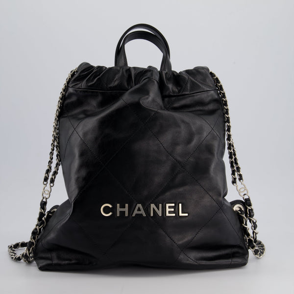 *FIRE PRICE* Chanel 22 Small Backpack Bag in Black Shiny Calfskin with Brushed Silver Hardware