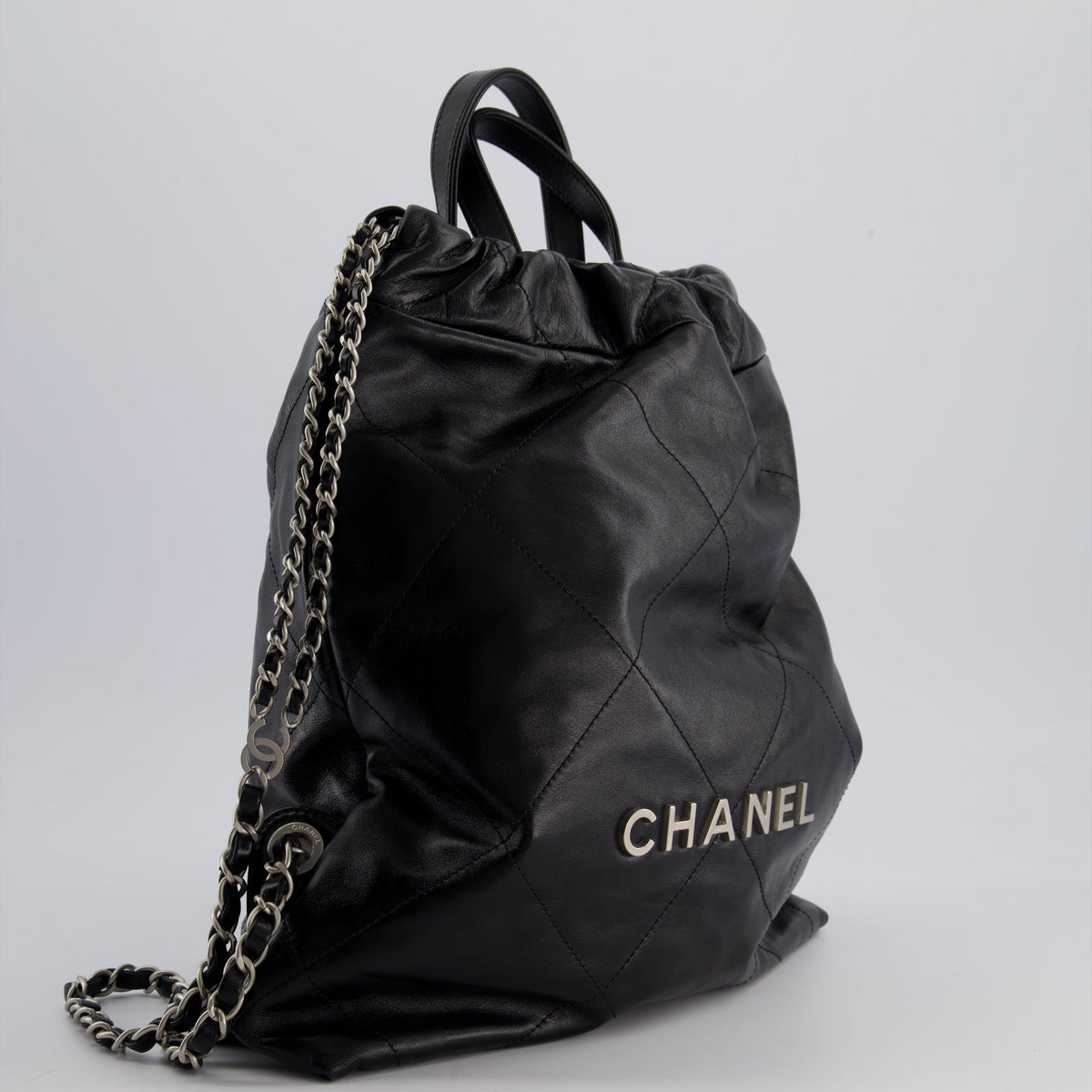 *FIRE PRICE* Chanel 22 Small Backpack Bag in Black Shiny Calfskin with Brushed Silver Hardware