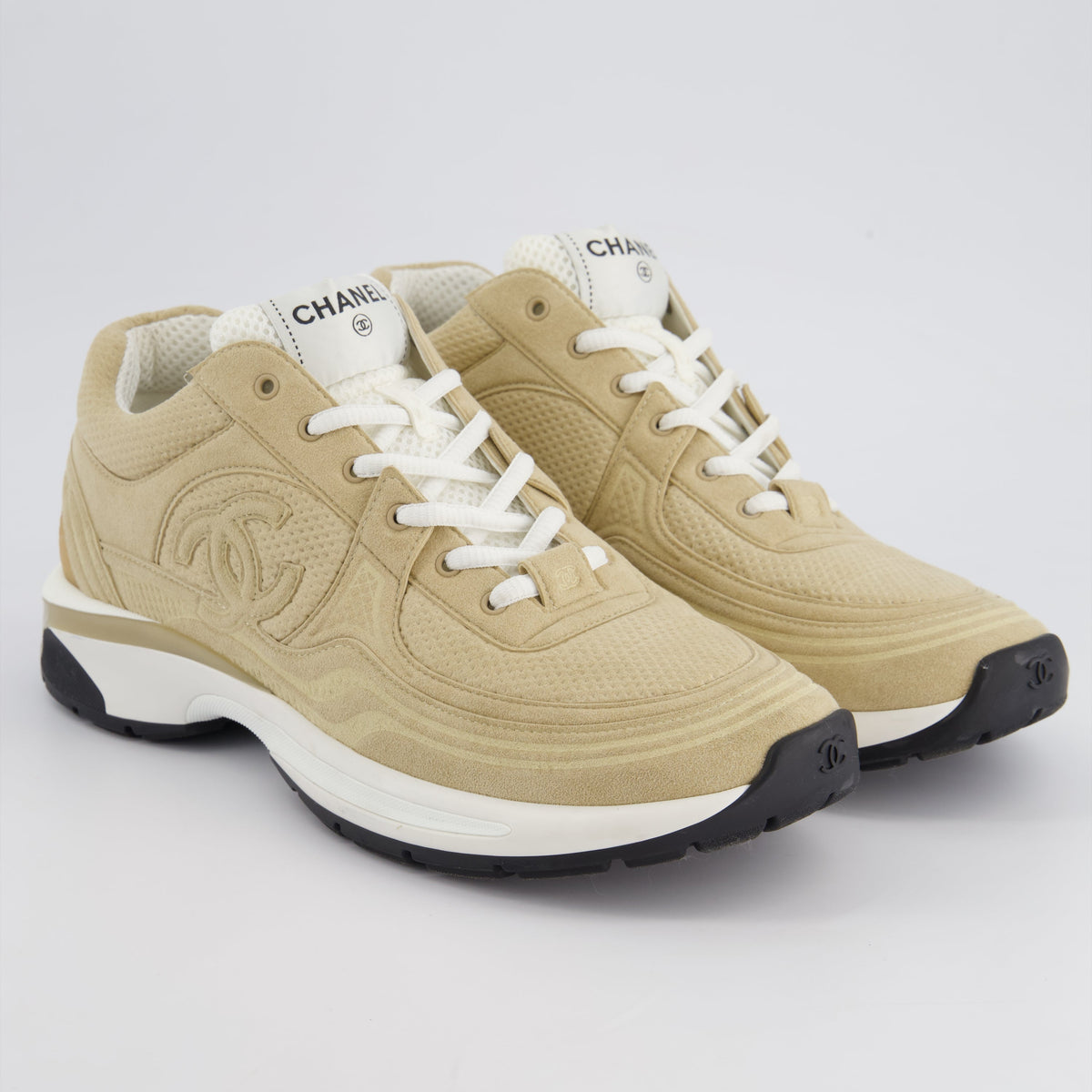 Chanel Beige Suede Sneakers With CC Logo Detail Size EU 41.5