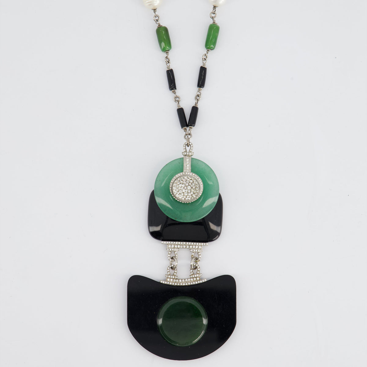 Chanel AW/09 Art Deco Jade, Crystal and Pearl Resin Pendant Necklace
