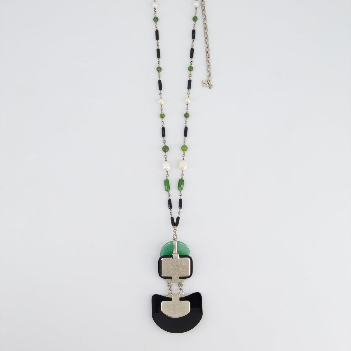 Chanel AW/09 Art Deco Jade, Crystal and Pearl Resin Pendant Necklace