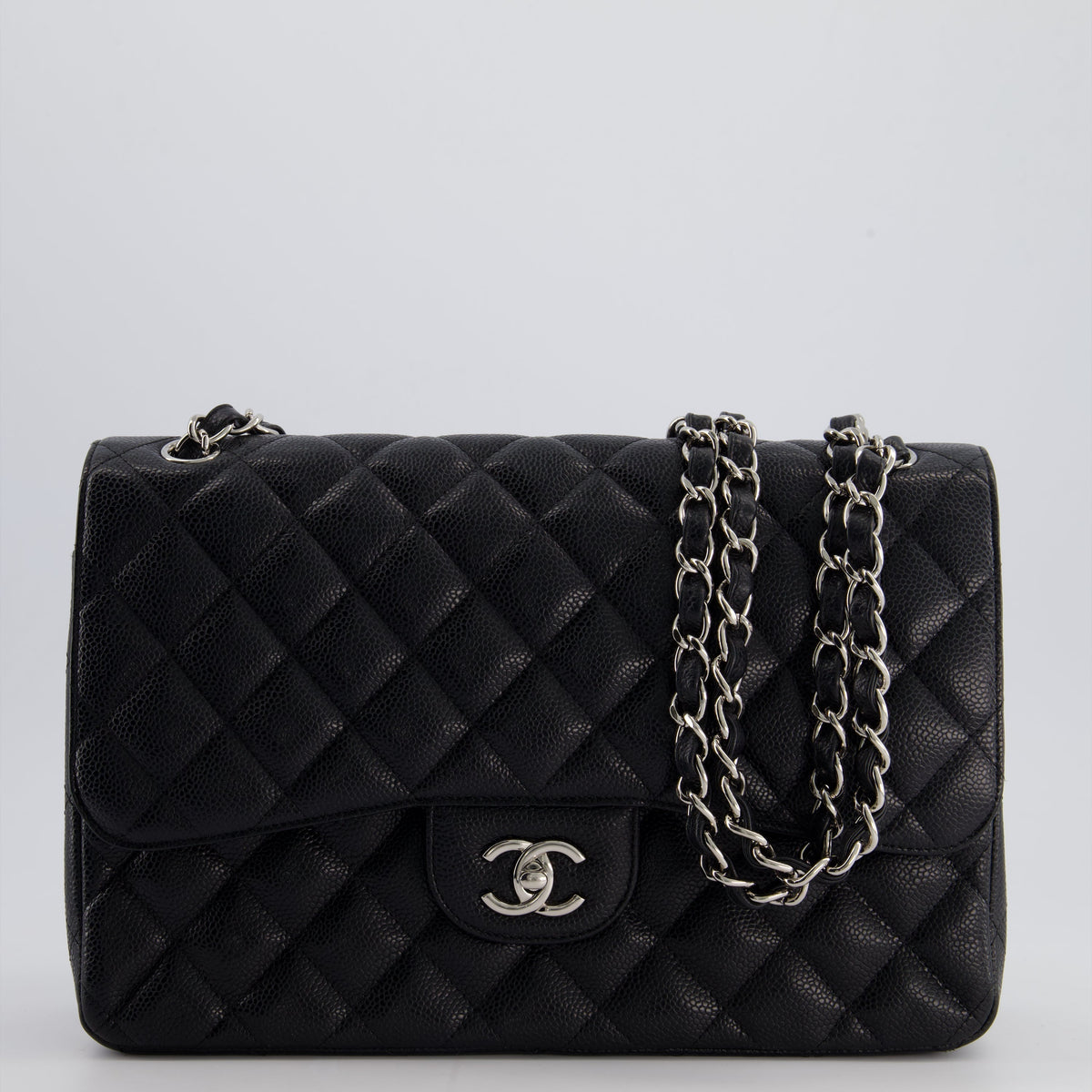Chanel Black Jumbo Classic Double Flap Bag in Caviar Leather with Silver Hardware