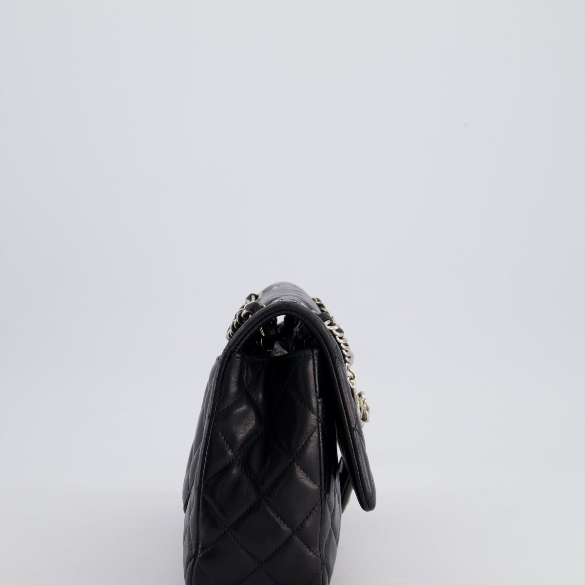 Chanel Black Medium Single Flap Bag with Camelia Crystal Charm Detail Lambskin Leather Silver Hardware