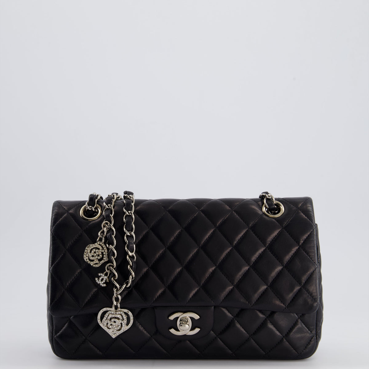 Chanel Black Medium Single Flap Bag with Camelia Crystal Charm Detail Lambskin Leather Silver Hardware