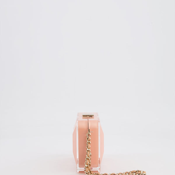 *COLLECTOR'S PIECE* Chanel Minaudi√®re Pink Plexiglass Clutch Bag With Champagne Hardware and Logo Detail