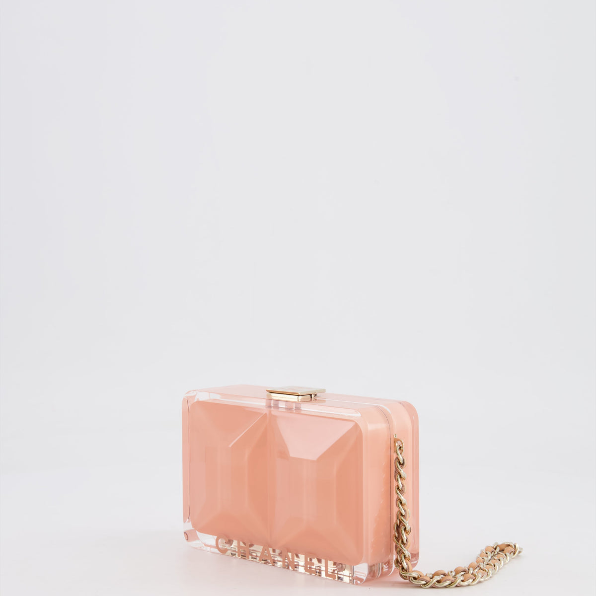 *COLLECTOR'S PIECE* Chanel Minaudi√®re Pink Plexiglass Clutch Bag With Champagne Hardware and Logo Detail