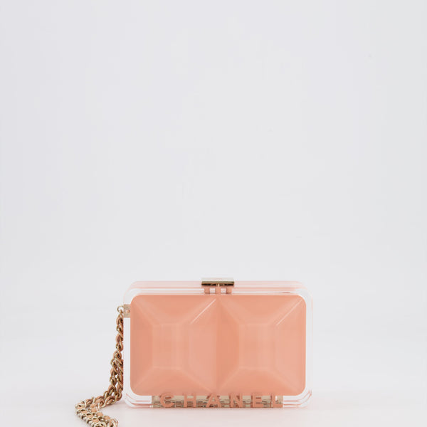 *COLLECTOR'S PIECE* Chanel Minaudi√®re Pink Plexiglass Clutch Bag With Champagne Hardware and Logo Detail