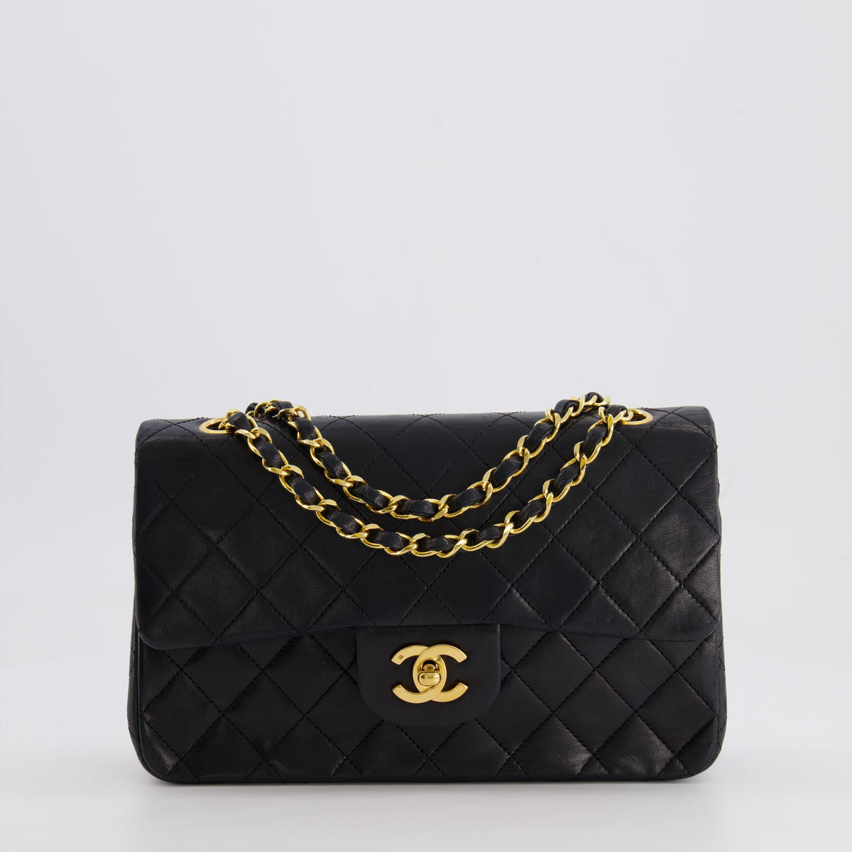 Chanel Black Vintage Classic Small Double Flap Bag in Lambskin Leather with 24K Gold Hardware