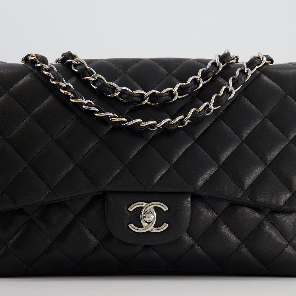 Chanel Black Jumbo Classic Single Flap Bag in Lambskin Leather with Silver Hardware