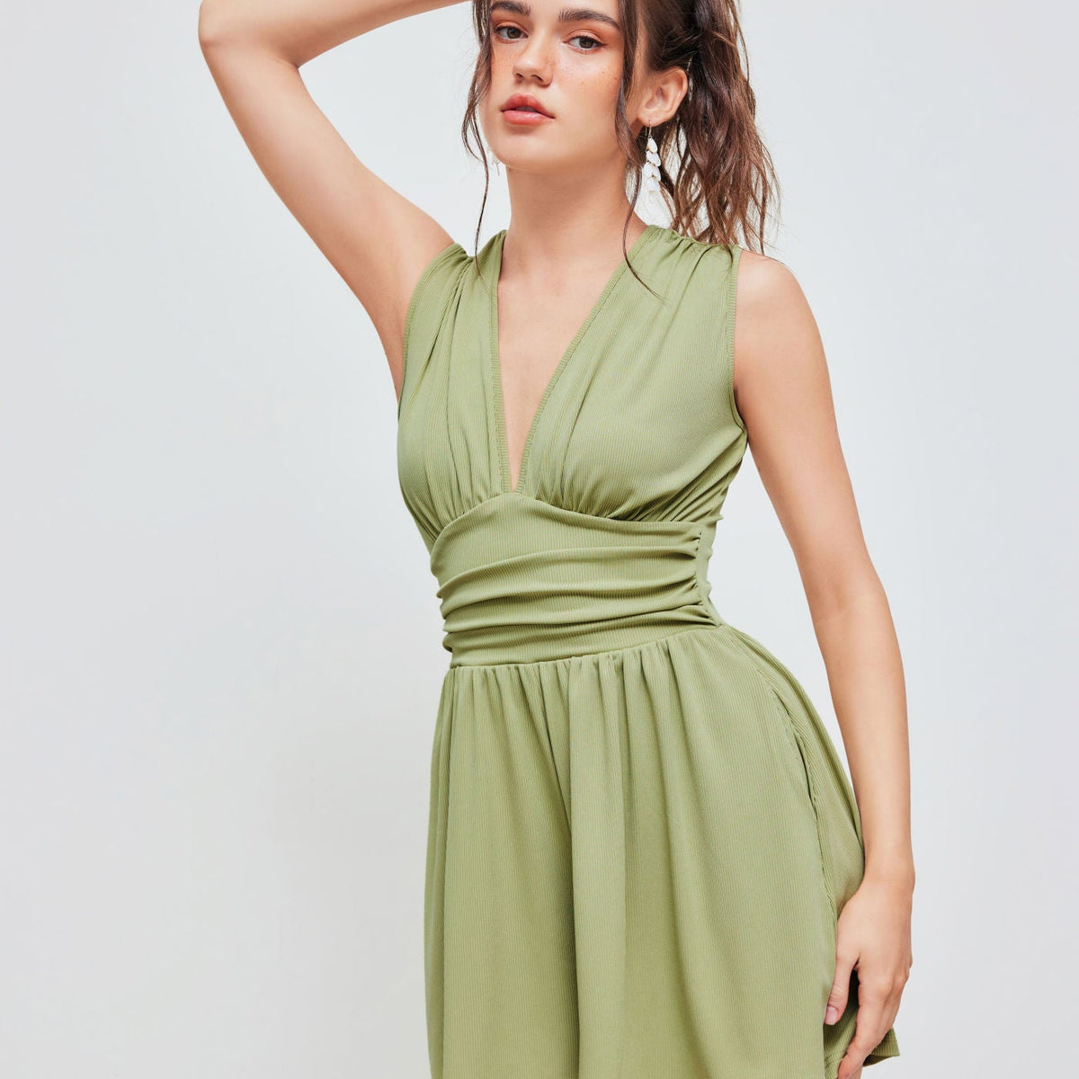 Kylie | V-neck Solid Ruched Pocket Romper
