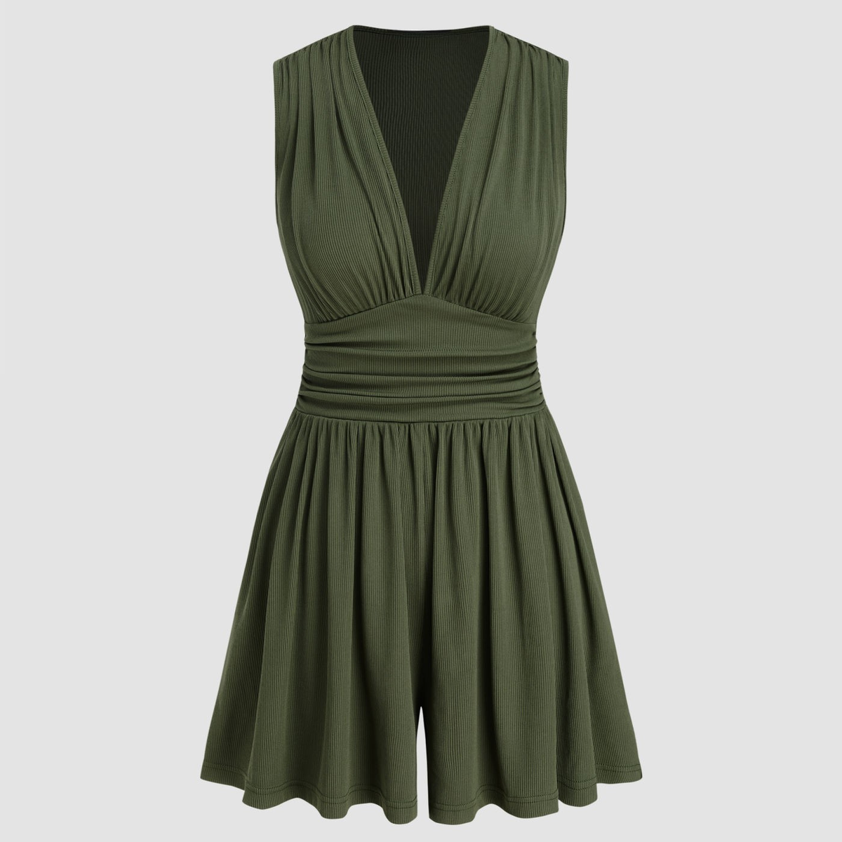 Kylie | V-neck Solid Ruched Pocket Romper