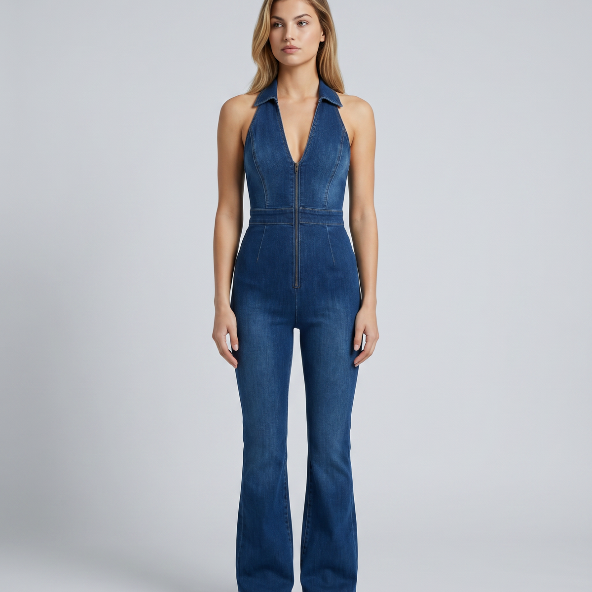 Madeline | Flare Leg Zip-Front Denim Jumpsuit
