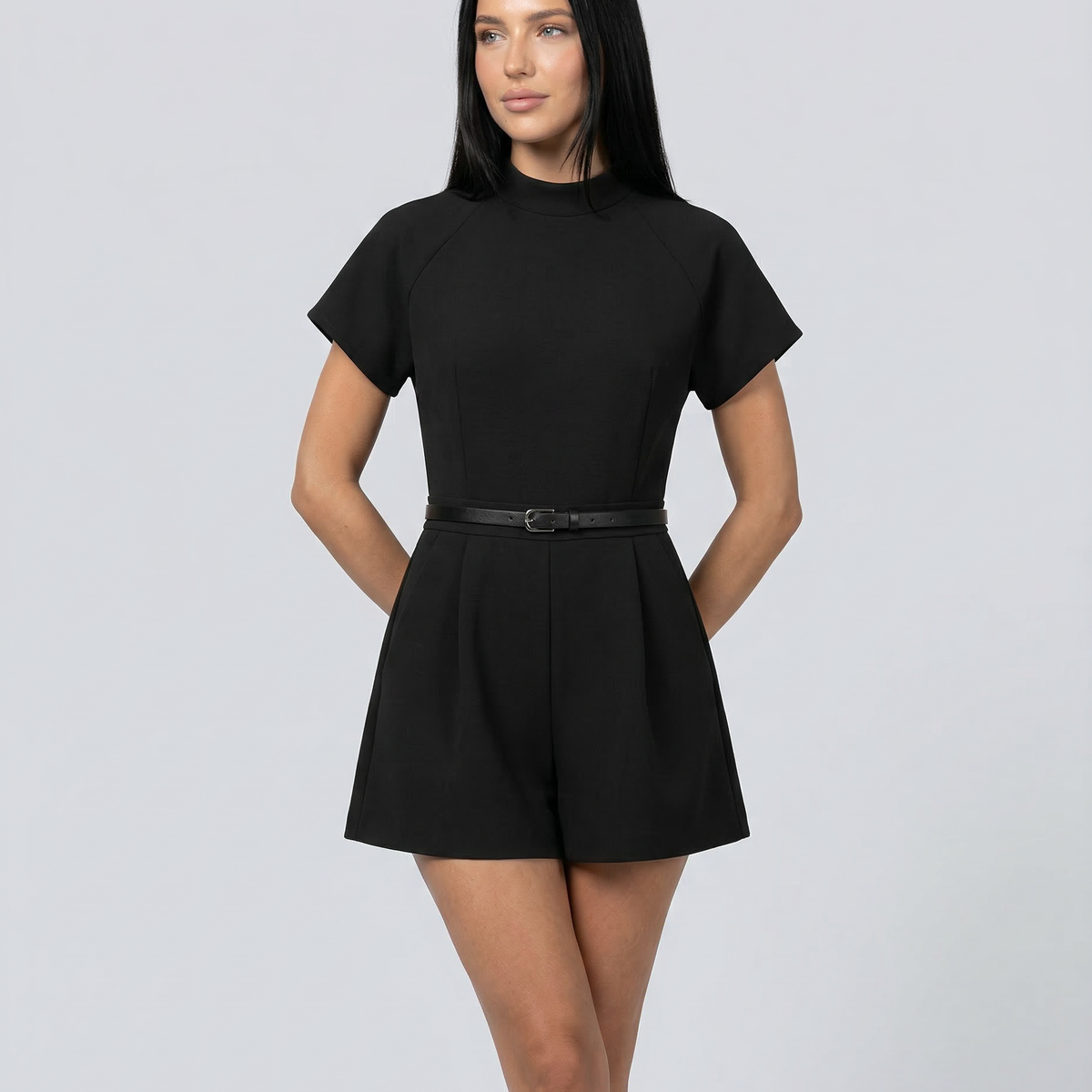 Sarah | Belted High-Neck Short Romper