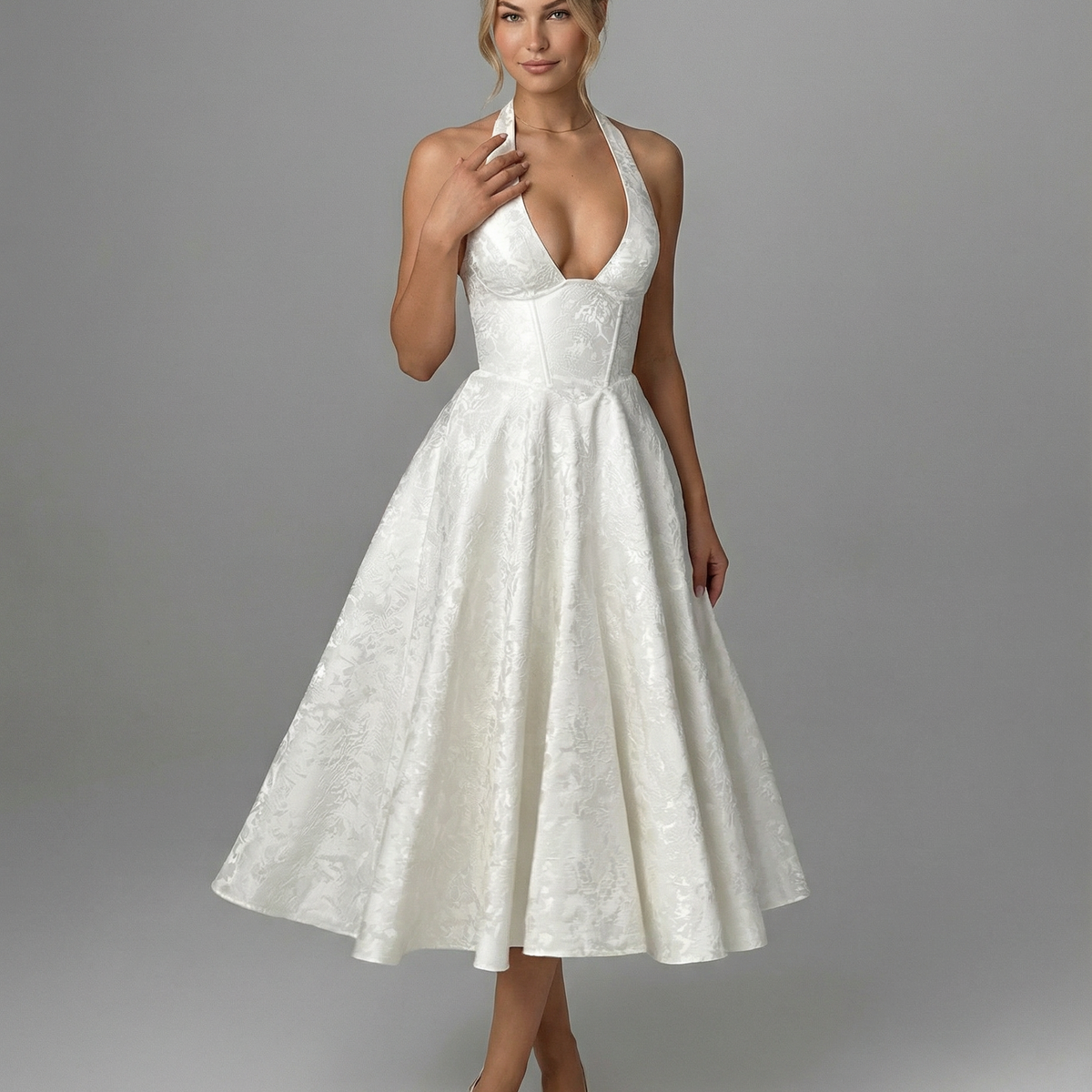 Sheryl | Midi Dress with Halter Neck and Jacquard Finish