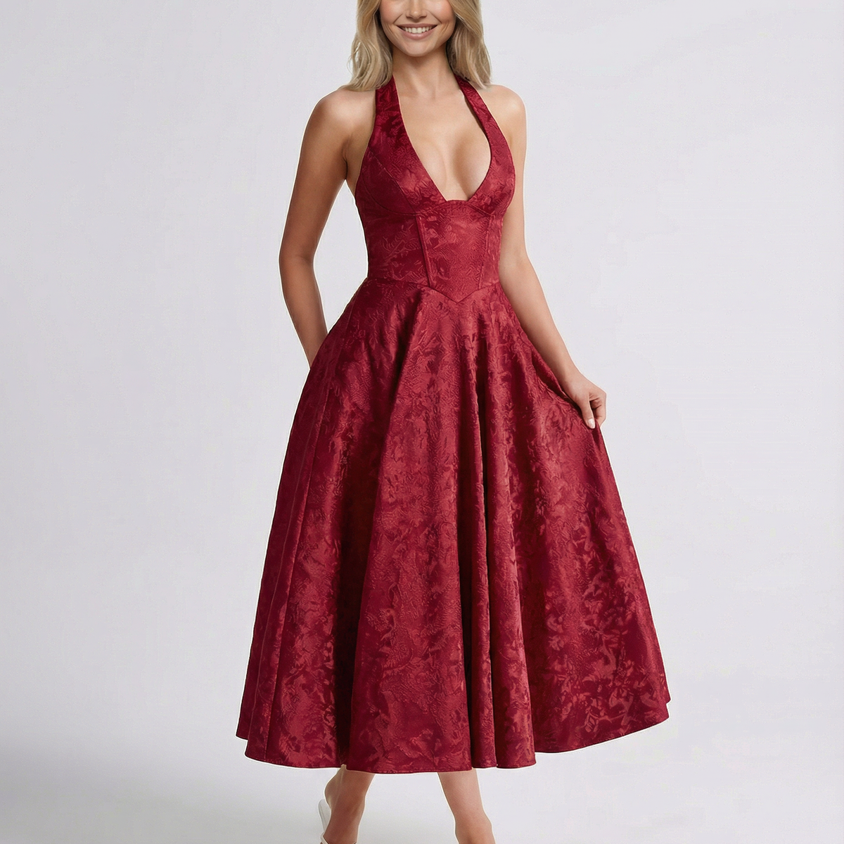 Sheryl | Midi Dress with Halter Neck and Jacquard Finish