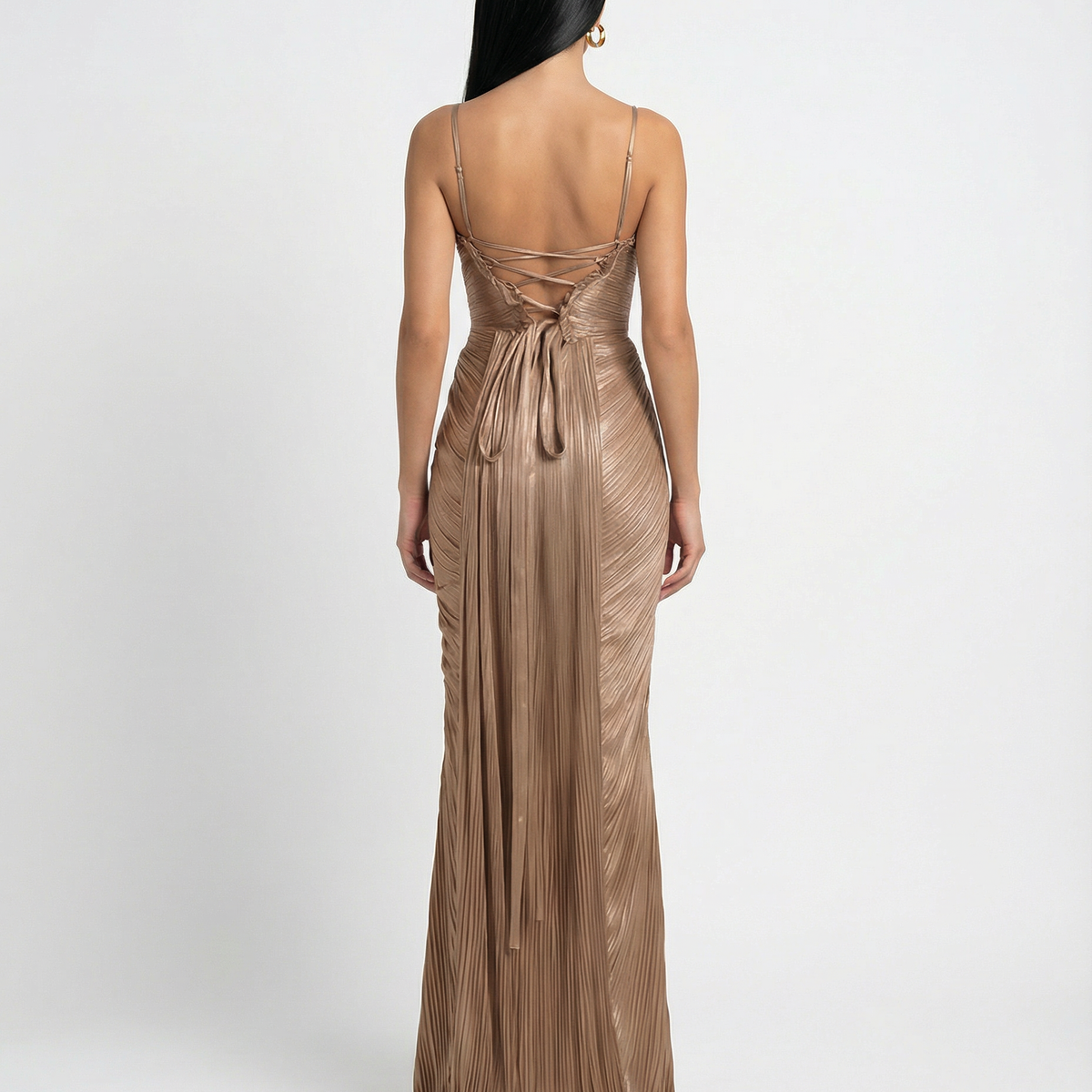 Stella | Gold Glossy Pleated Corset Maxi Dress