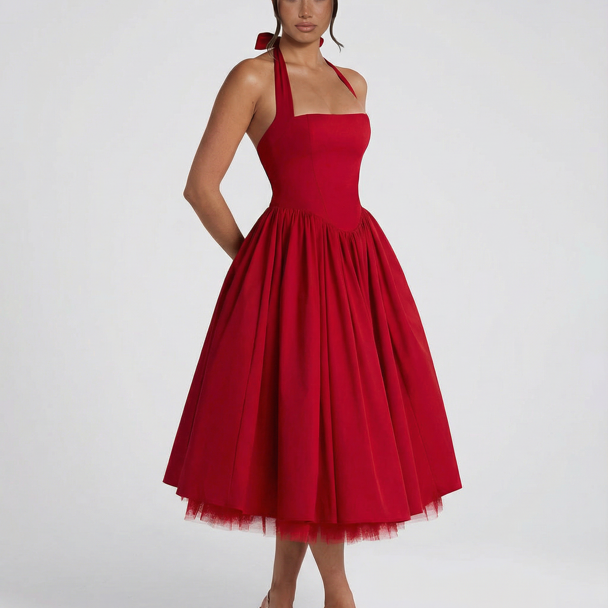 Lena | Midi Halter Neck Lace-Up Back Dress