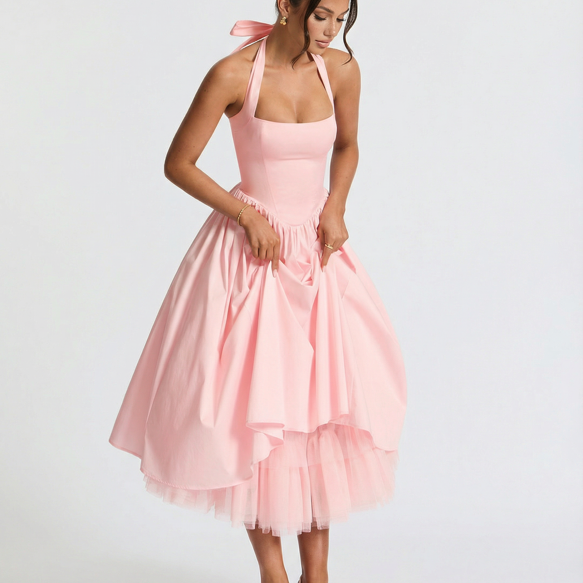 Lena | Midi Halter Neck Lace-Up Back Dress
