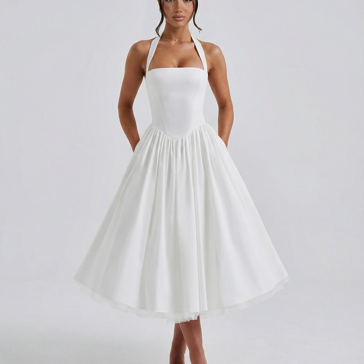 Lena | Midi Halter Neck Lace-Up Back Dress