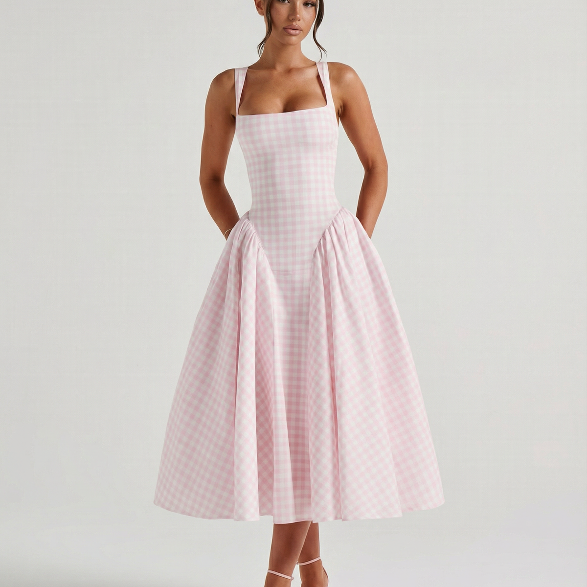 Francesca | Midi Dress with Gingham Corset and Square Neck