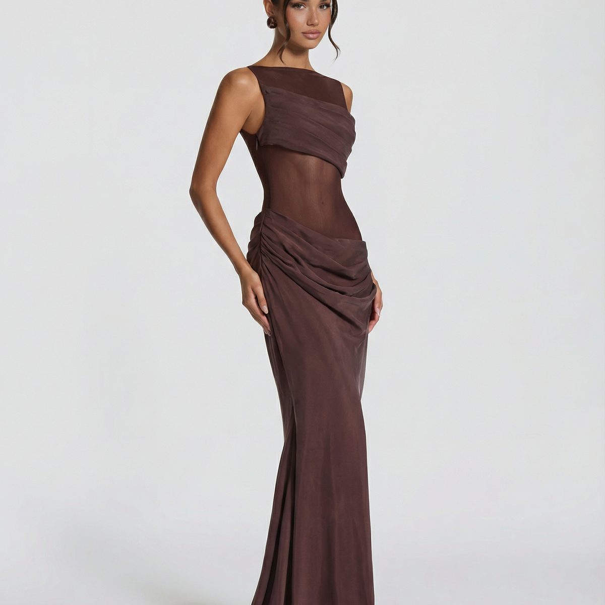 Olivia | Maxi Dress with Sheer Panel and Ruched Skirt