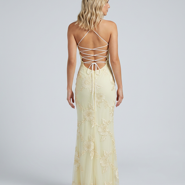 Angela | Maxi Dress with Floral Appliqué and Lace-Up Back