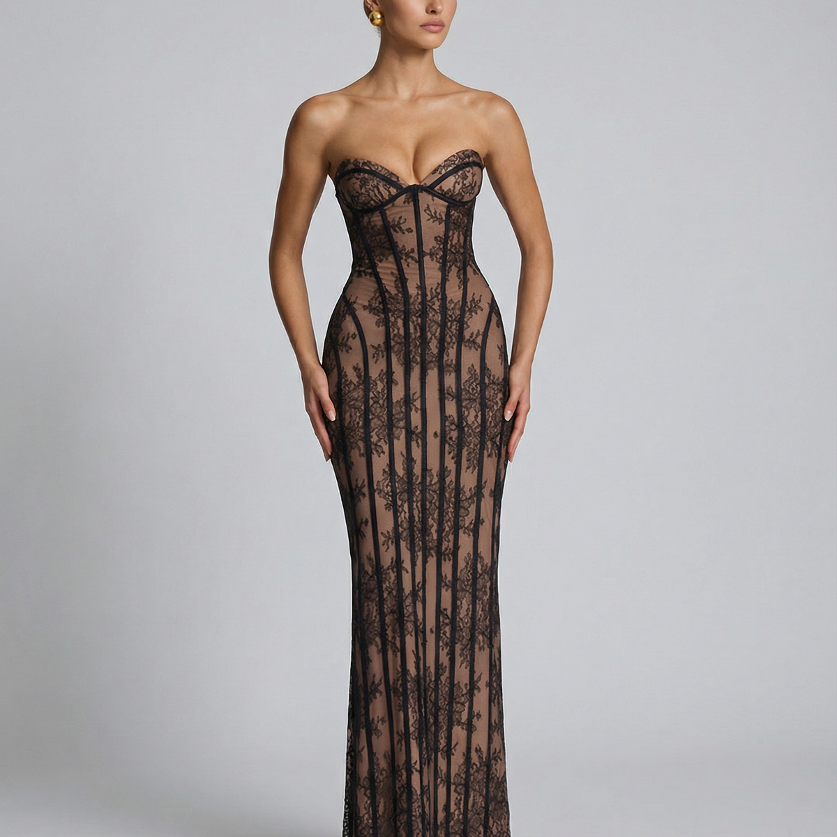 Catherine | Maxi Dress with Sheer Lace Corset and Lace-Up Back
