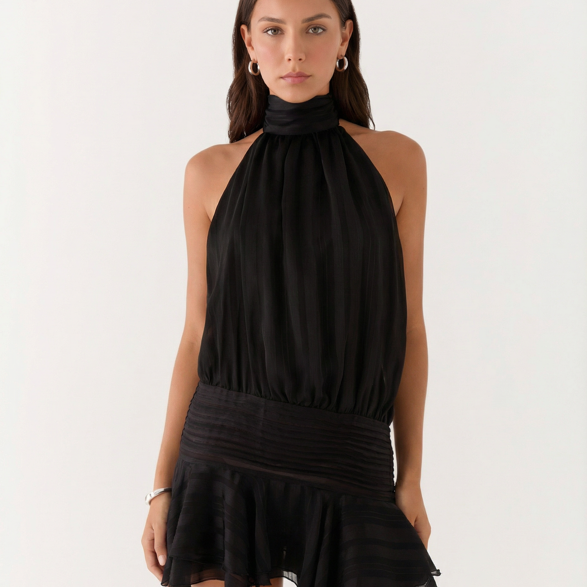 Deborah | Halter Neck Pleated Playsuit with Ruffle Overlay