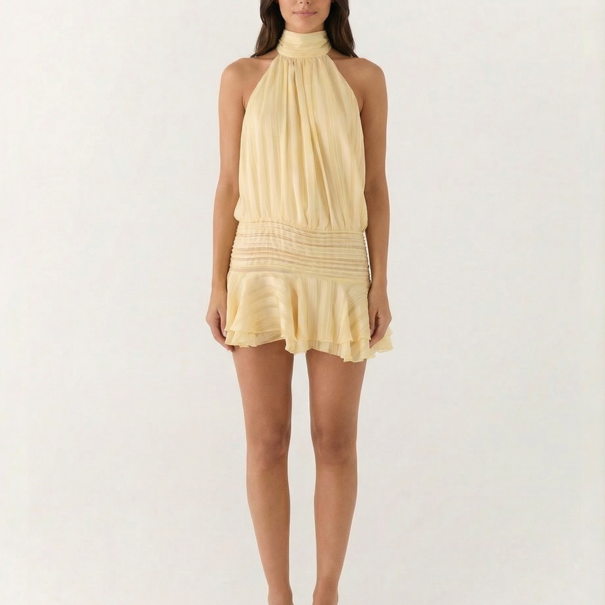 Deborah | Halter Neck Pleated Playsuit with Ruffle Overlay