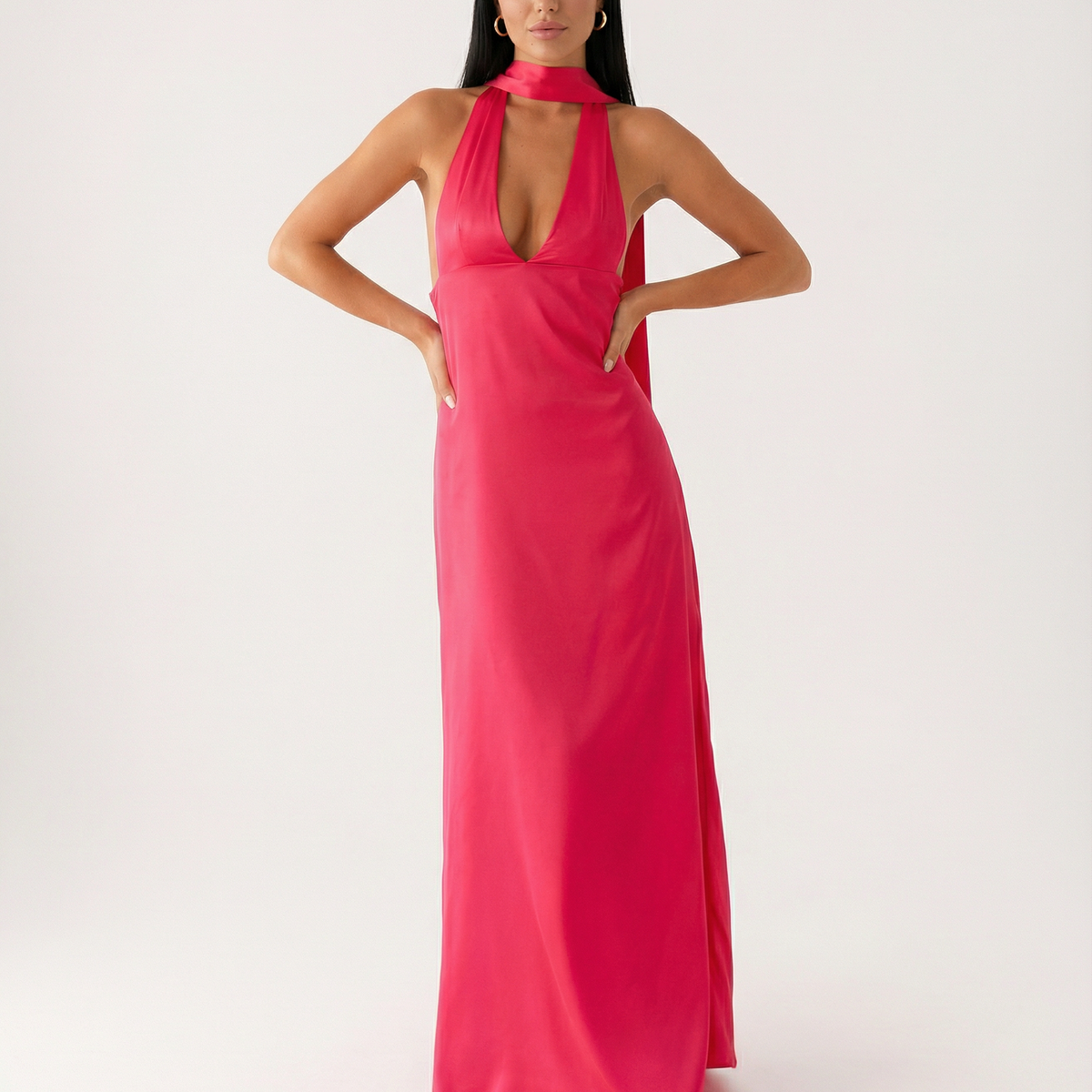 Jayne | Low V Neck Cowl Back Satin Halter Maxi Dress